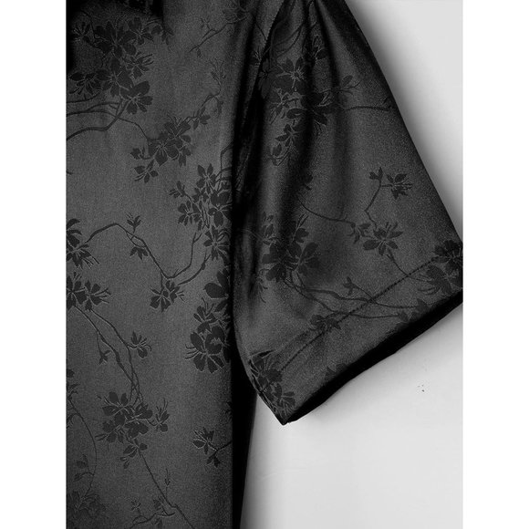 Men's Satin Floral Print Button Down Front Lapel Collar Solid Short Sleeve Shirt - Picture 8 of 9